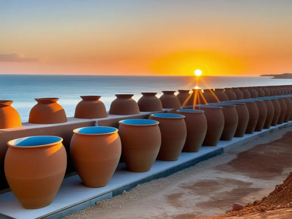 Métodos ancestrales de desalinización reinventados con tecnología, trabajadores monitorean proceso al atardecer en planta costera