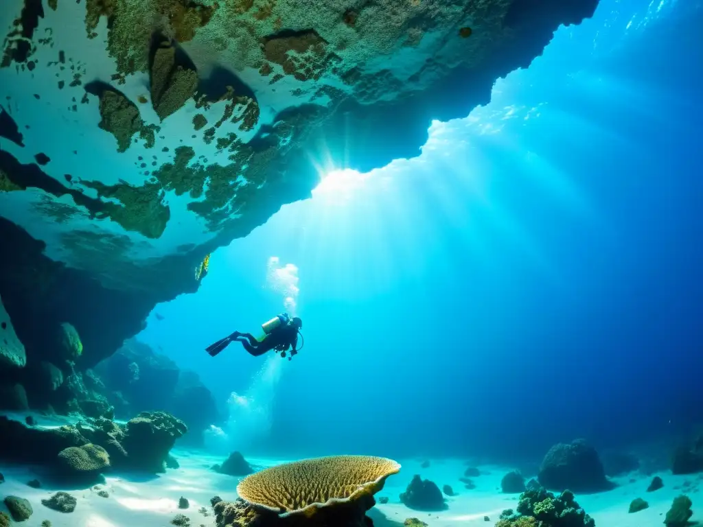 Exploración científica con métodos de datación de cuevas subacuáticas en una cueva marina vibrante con formaciones rocosas intrincadas y vida marina