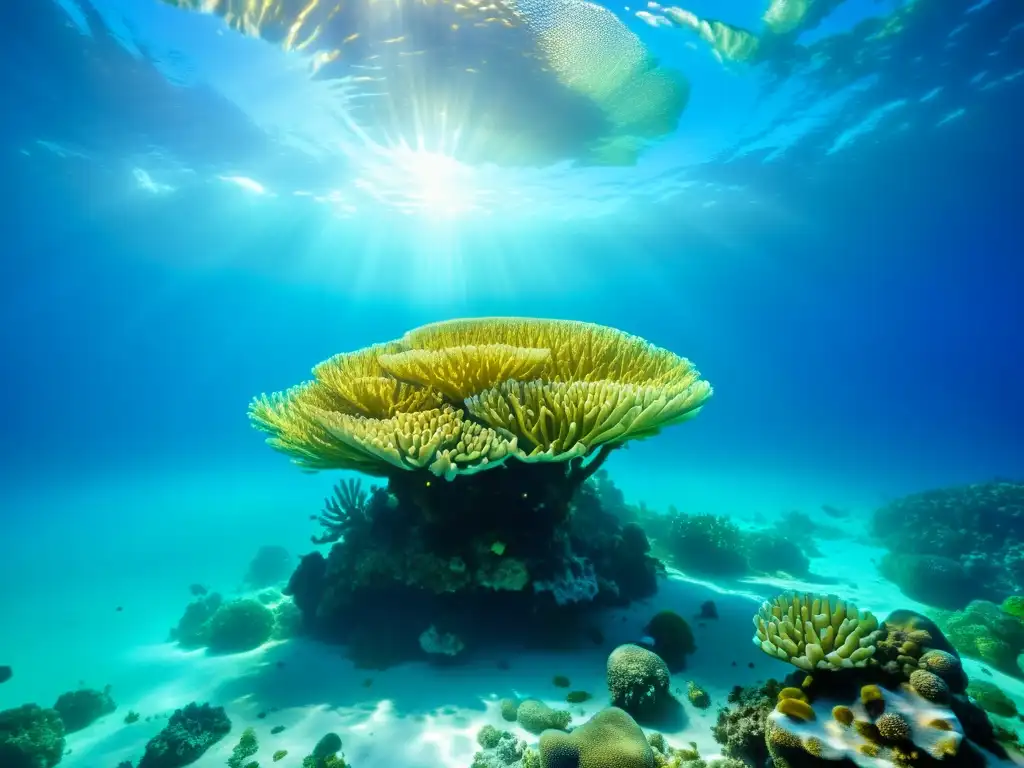 Microorganismos ancestrales del mar flotando entre corales en aguas cristalinas, iluminados por el sol filtrado