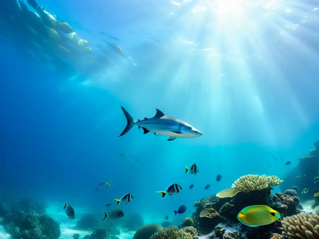 Una migración vertical diaria de vida marina en un vibrante arrecife de coral, con peces, tortugas y tiburones nadando entre el filtrado de luz solar