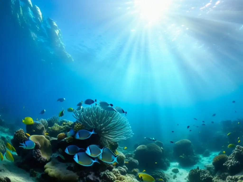 Migraciones entre aguas dulces y saladas: escuela de peces plateados y azules nada entre un vibrante arrecife de coral, iluminado por el cálido sol