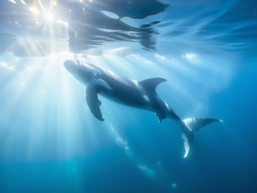 Migraciones ballenas jorobadas oceánicas: Pod de ballenas jorobadas nadando grácilmente bajo el agua, iluminadas por rayos de sol filtrados