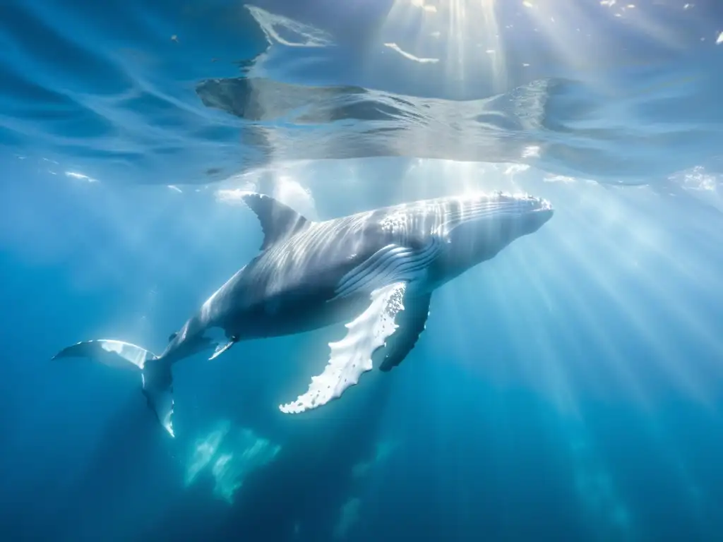 Migraciones ballenas jorobadas oceánicas: majestuosa ballena jorobada surcando aguas cristalinas, juego de luz y sombras bajo el agua