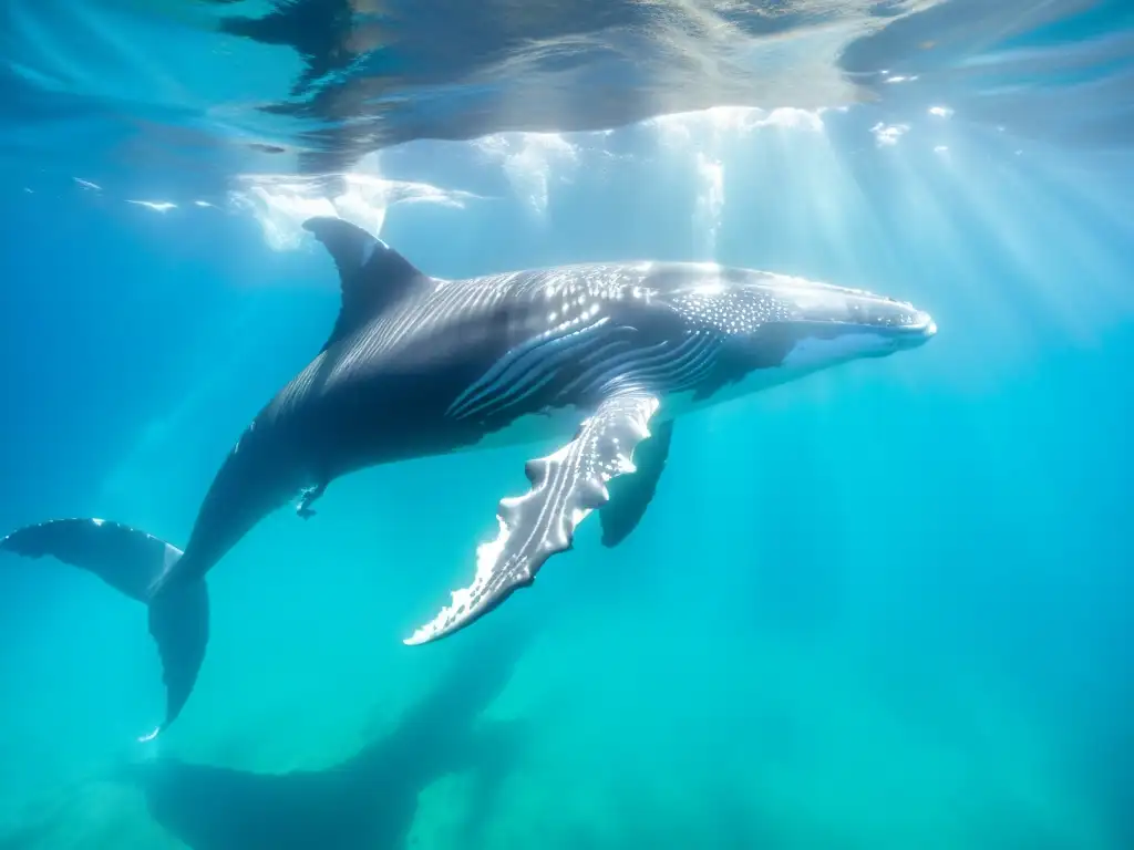 Migraciones de ballenas en el océano: majestuosas ballenas jorobadas nadando grácilmente en aguas turquesas, rodeadas de luz y sombra