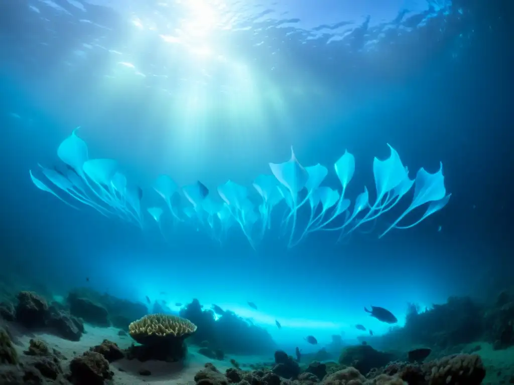 Migraciones en las Fosas Abisales: Espectacular imagen de seres bioluminiscentes nadando en la oscuridad del mar profundo, creando un escenario mágico y cautivador