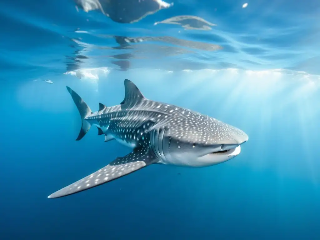 Conservación del tiburón ballena migratorio: majestuoso tiburón ballena rodeado de colorida vida marina en aguas cristalinas