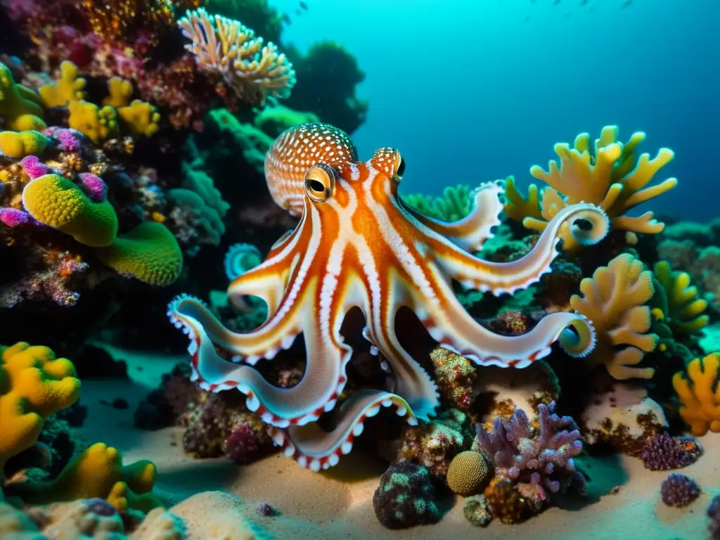 Mimic octopus camuflándose entre el colorido arrecife de coral, mostrando su arte de la ocultación en cefalópodos