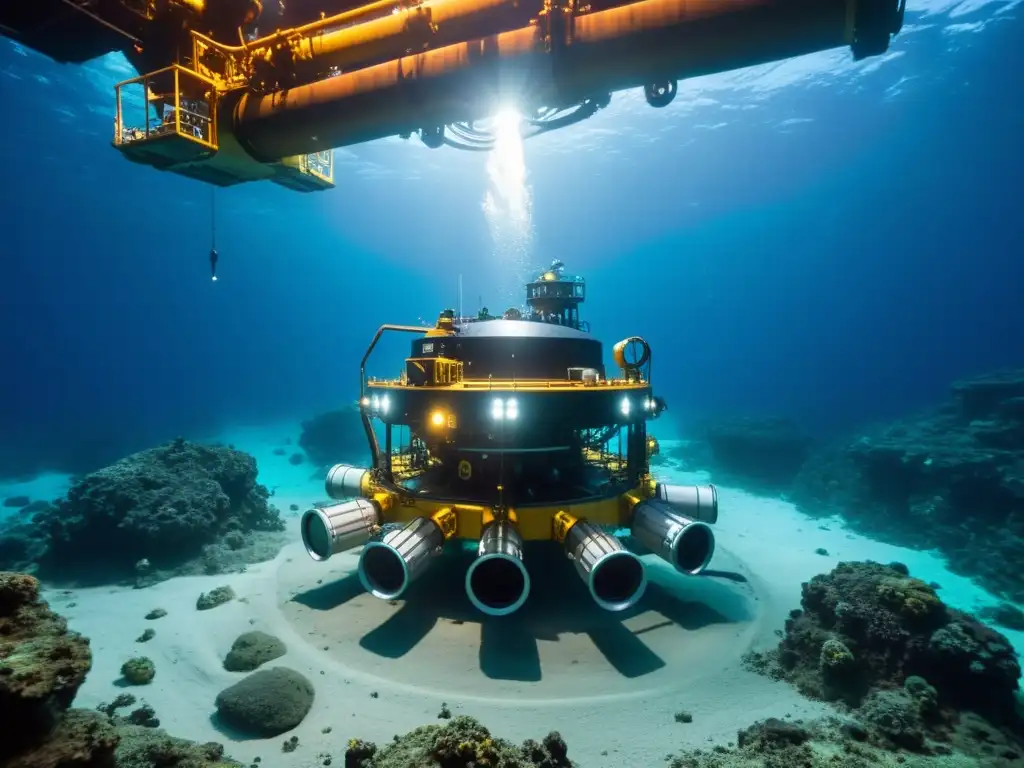 Operación de minería submarina en el lecho marino, con robot recolectando minerales y misteriosa oscuridad del océano profundo