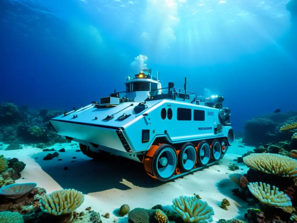 Minería submarina lecho marino: vehículo iluminado en el fondo marino rodeado de vida marina y coral bioluminiscente en vibrante azul