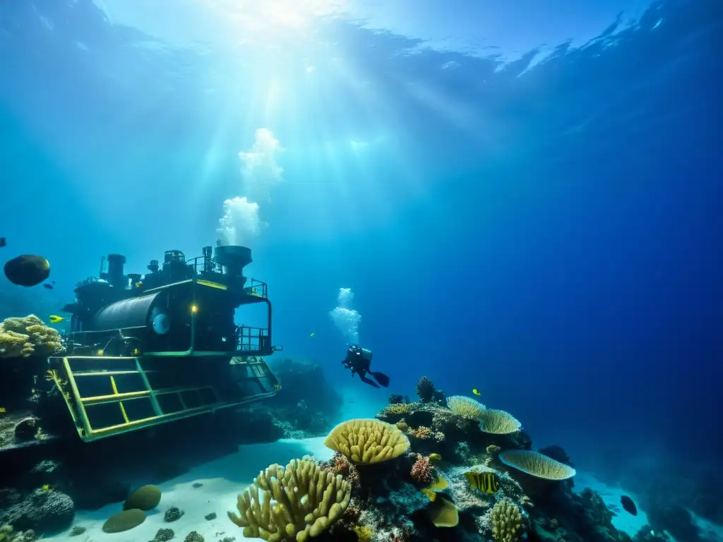 Operación de minería submarina en un paisaje marino vibrante, destacando la maquinaria y tecnología