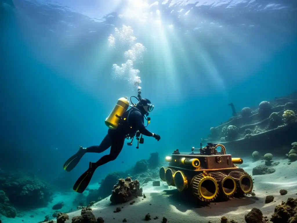 Operación de minería submarina con regulaciones en el fondo marino, destacando maquinaria y ambiente misterioso del océano