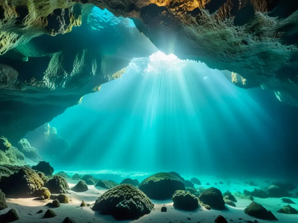 Descubre el misterio de las corrientes subterráneas marinas en esta impresionante cueva submarina, con formaciones rocosas y una luz etérea