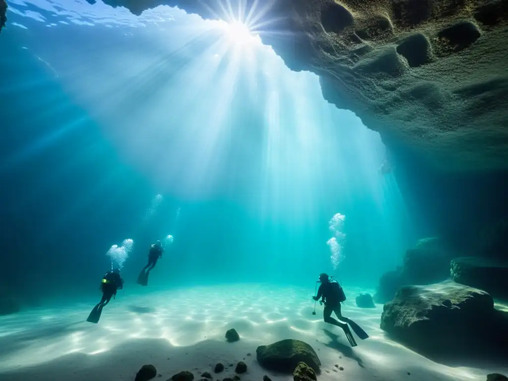 Exploración misteriosa en caverna submarina con rayos de sol, buceadores y vida marina