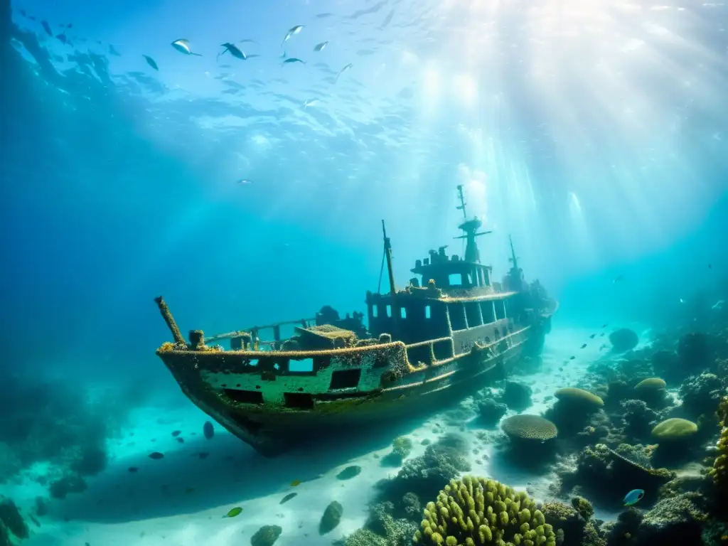 Una misteriosa nave naufragada rodeada de coral vibrante y peces plateados, bajo la luz del sol en el fondo marino