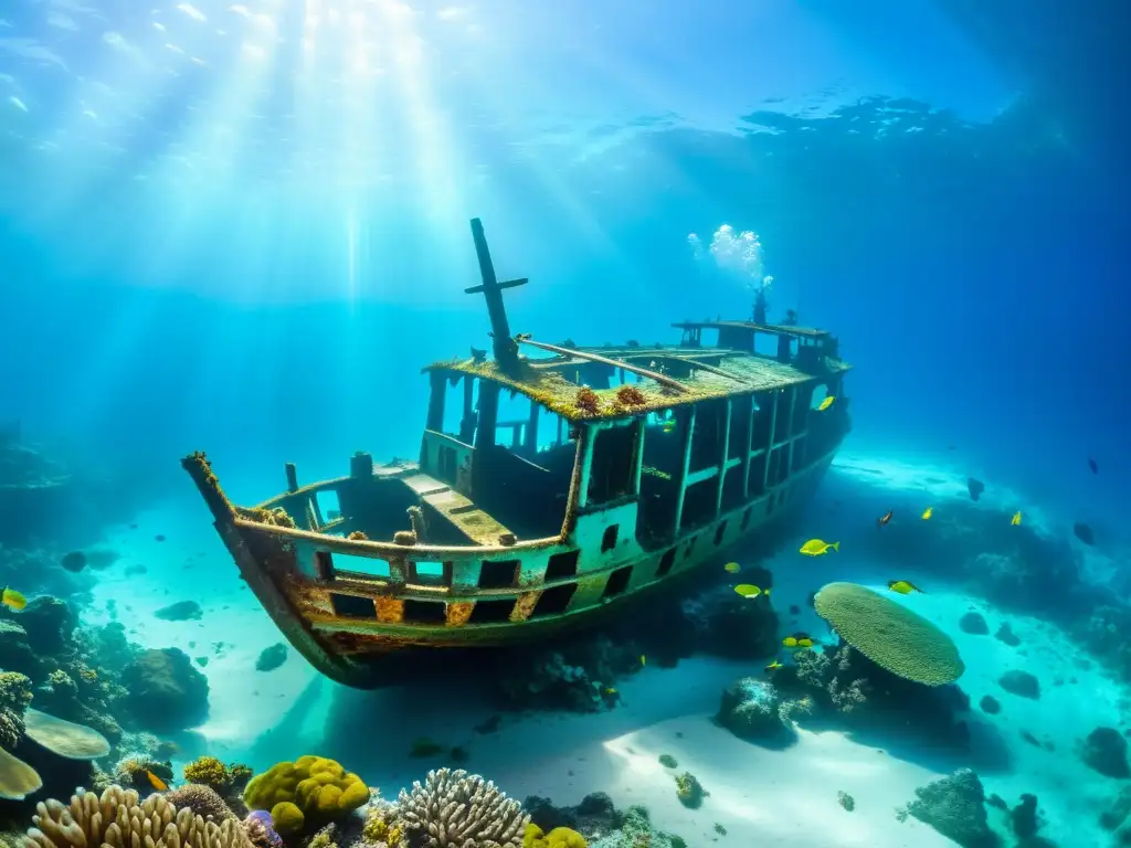 Un misterioso naufragio rodeado de coloridos arrecifes de coral y peces tropicales bajo el agua