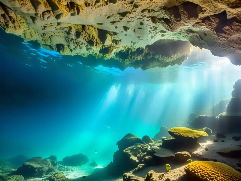 Misterioso sistema de cuevas subacuáticas iluminado por la luz, con peces coloridos