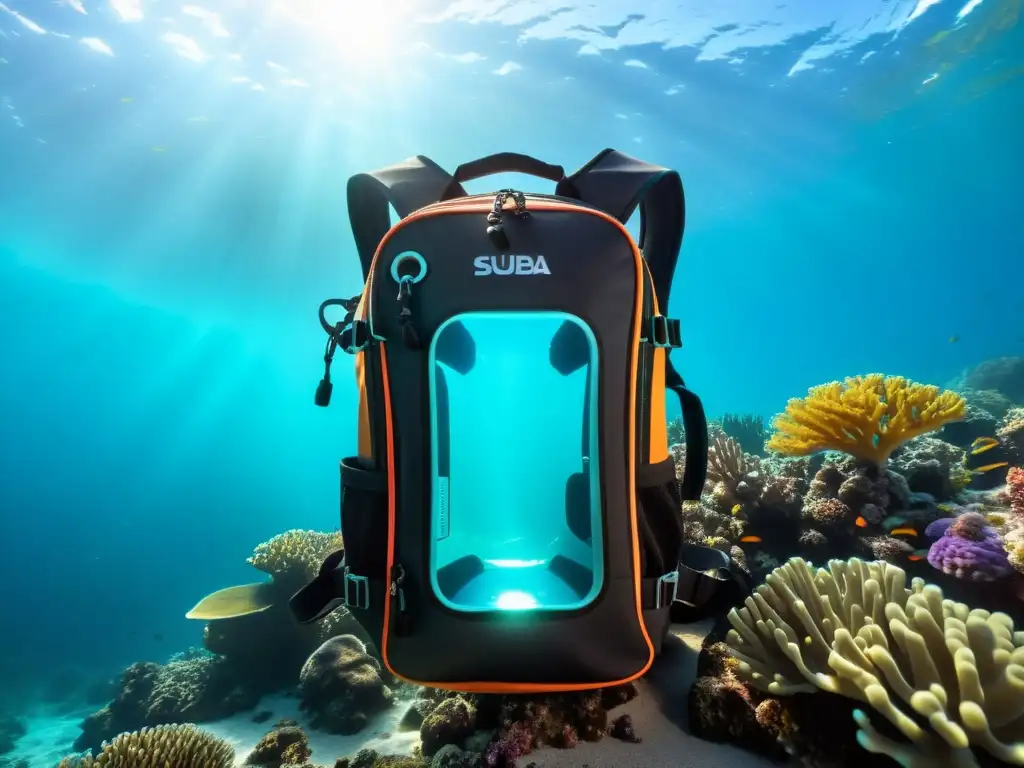 Una mochila de buceo se destaca entre arrecifes de coral, con rayos de sol danzando en el agua turquesa