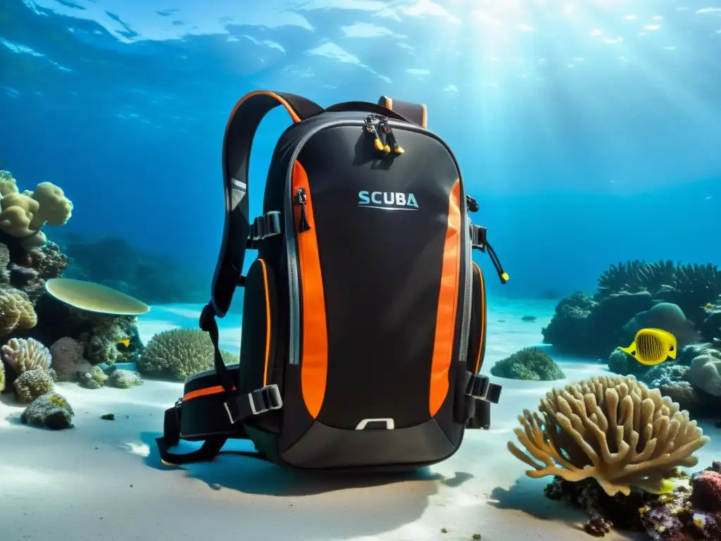 Una mochila de buceo resistente y elegante en el fondo del mar, iluminada por la luz solar entre corales vibrantes