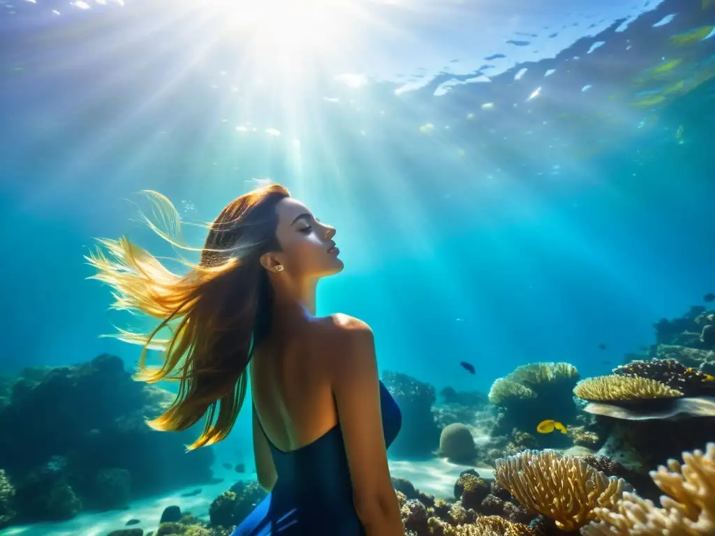 Una modelo posa con gracia entre vibrantes arrecifes de coral bajo el agua, en una impresionante fotografía submarina de retratos y modelos