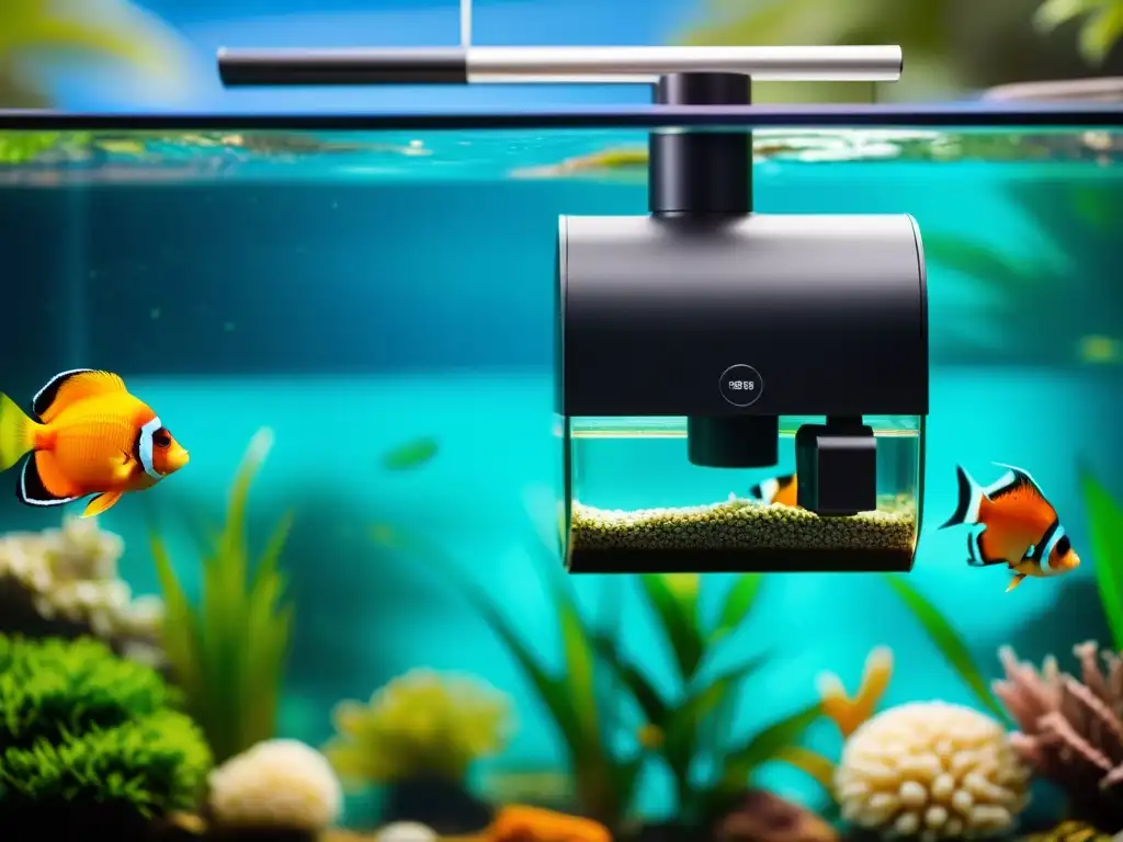 Un moderno dispensador automático para alimentación acuática, con peces tropicales nadando alrededor en un acuario cristalino