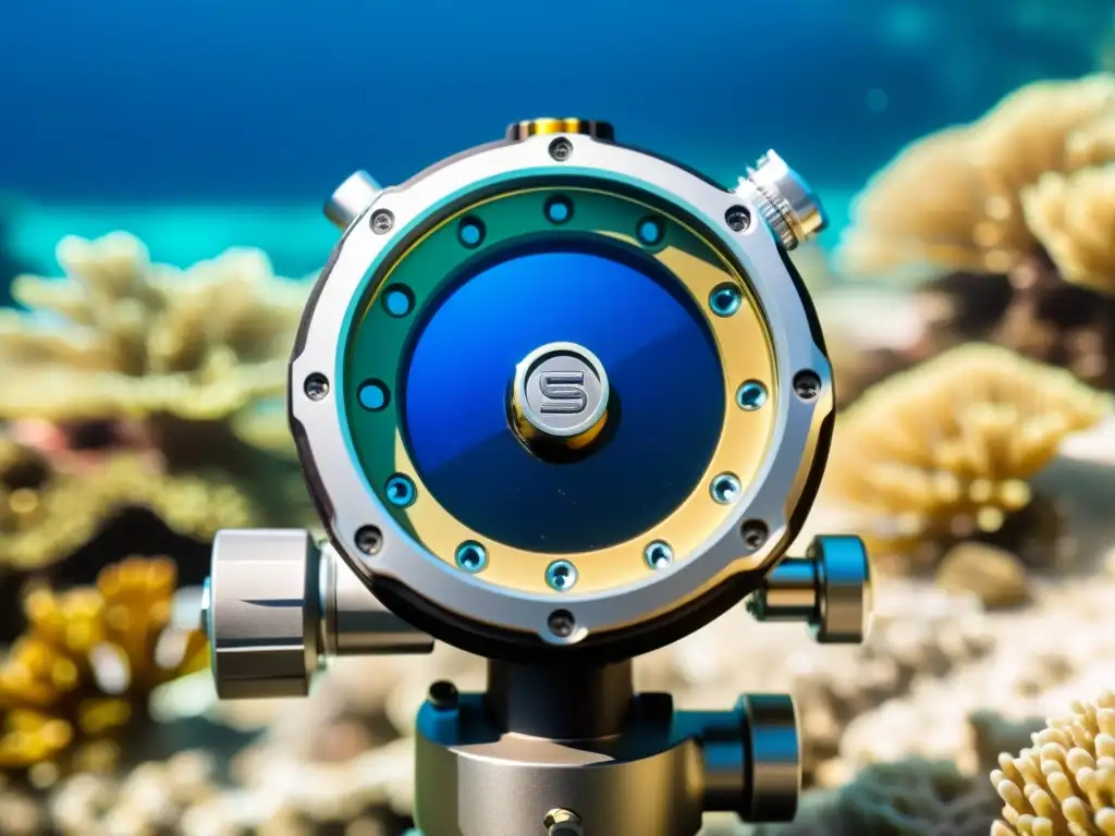 Regulador de buceo de última generación en arrecife de coral Un moderno regulador de buceo inmerso en un vibrante arrecife de coral, destacando las mejoras en reguladores de buceo