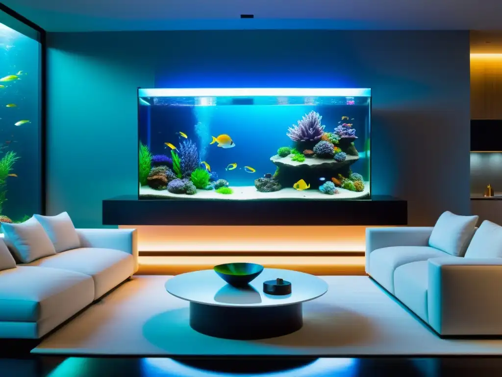 Muebles de acuario para espacios: Sala minimalista con acuario integrado, peces exóticos y luces LED multicolores