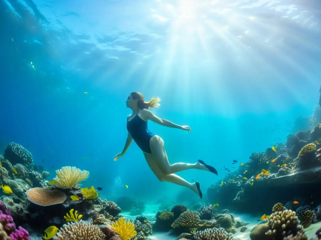 Una mujer embarazada nada entre arrecifes de coral, transmitiendo tranquilidad y belleza submarina