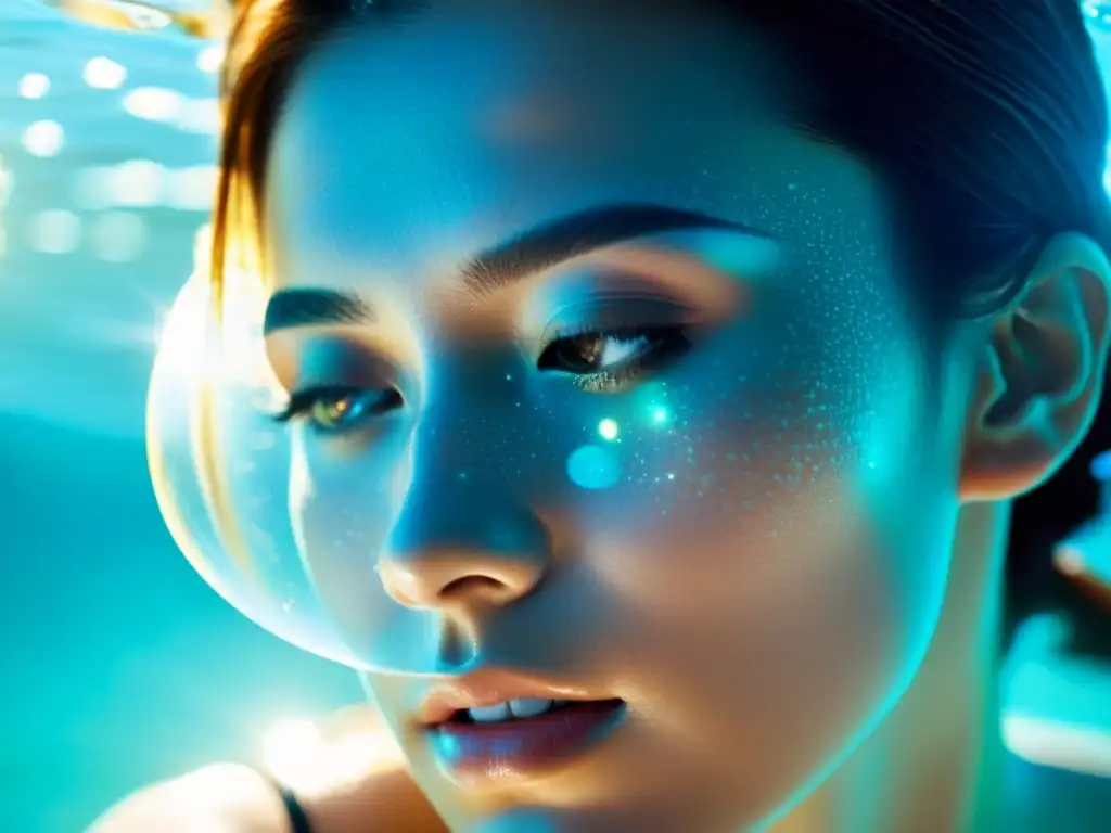 Una mujer aplica polvos de perla para iluminar su rostro bajo el agua, creando un brillo natural y elegante