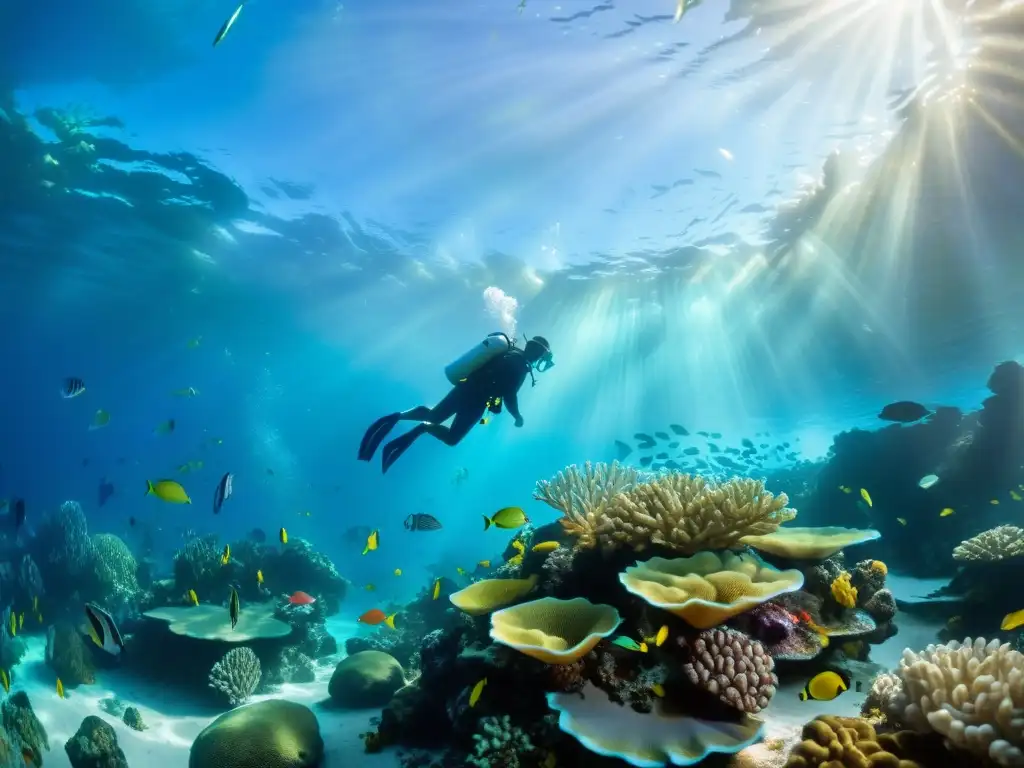 Un mundo submarino lleno de vida y color, con rayos de sol iluminando un arrecife de coral vibrante