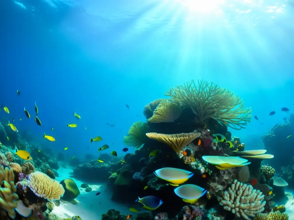 Un mundo submarino lleno de vida: arrecife de coral vibrante, peces coloridos y un buceador explorando