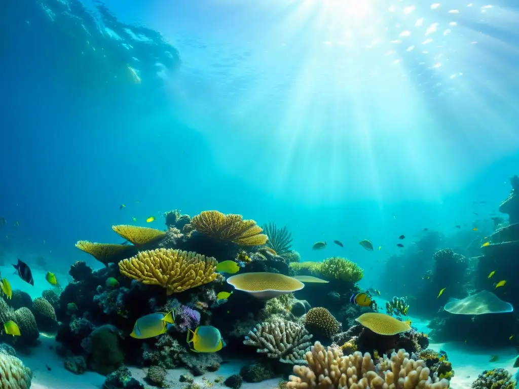 Un mundo submarino de lujo en Dubai: arrecife de coral vibrante, peces coloridos y tortugas marinas, iluminados por el sol