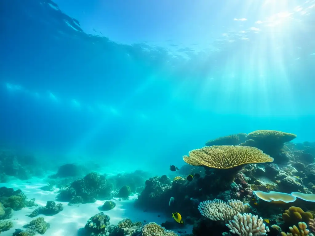 Un mundo submarino sereno con corales vibrantes y vida marina diversa, creando una atmósfera tranquila