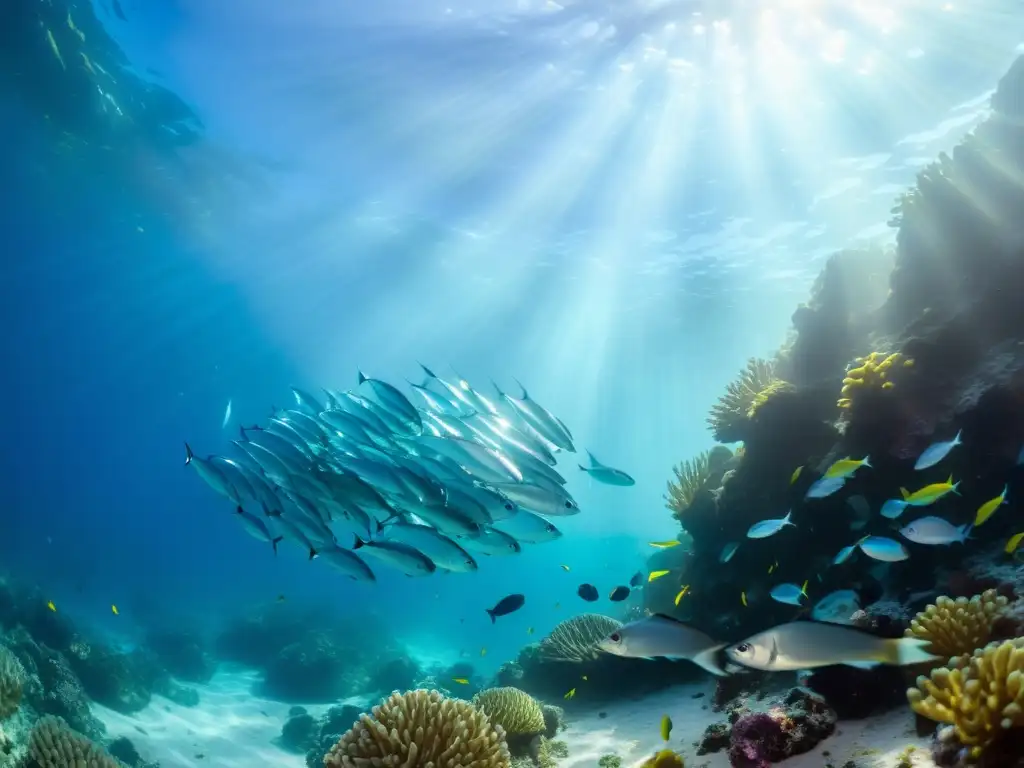 Un mundo submarino vibrante, con cardúmenes de peces plateados brillantes entre arrecifes de coral y algas ondulantes