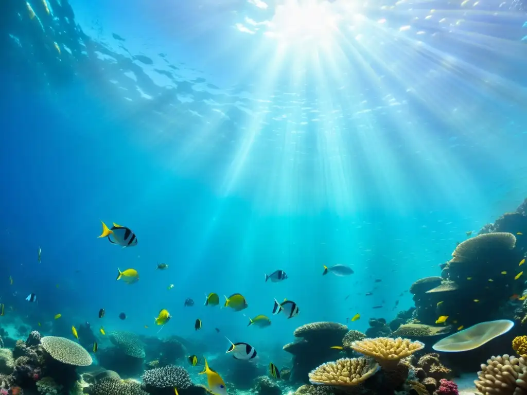 Un mundo submarino vibrante y colorido con peces tropicales y arrecifes de coral, bañado por la luz del sol