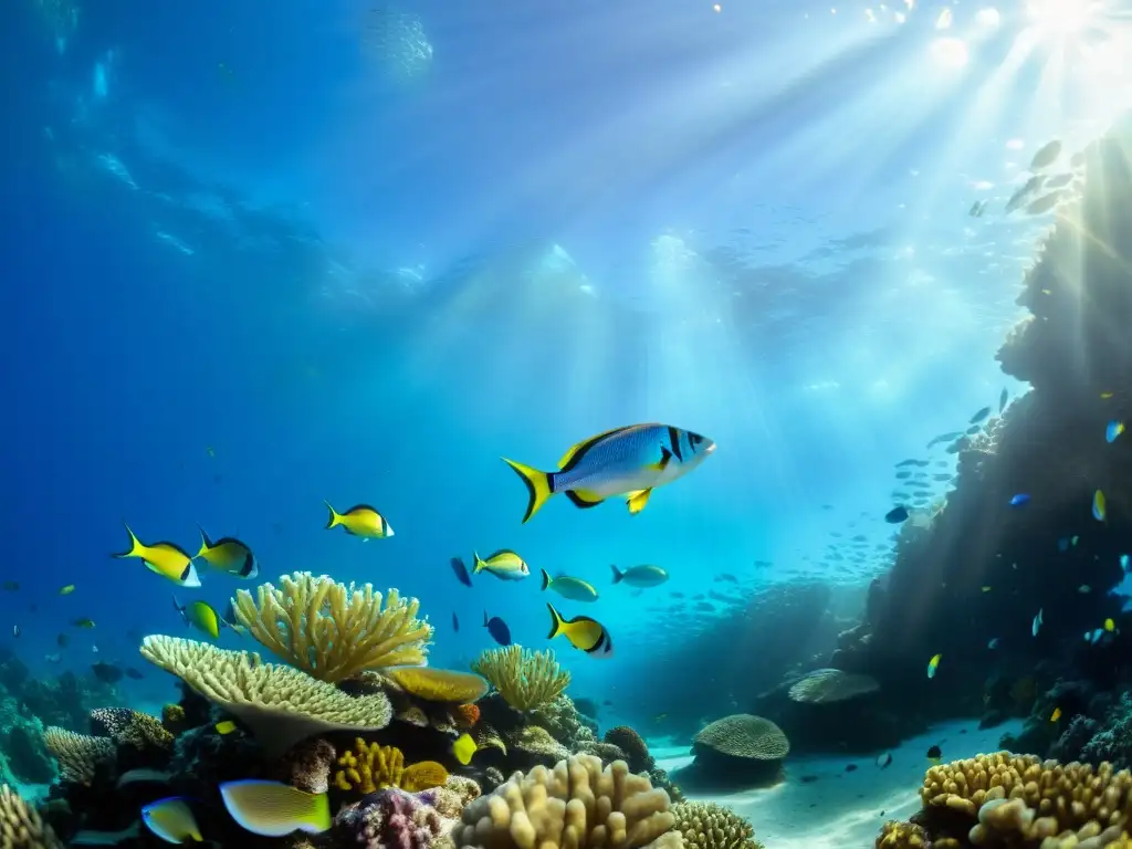 Un mundo submarino vibrante y colorido, con peces nadando alrededor de un arrecife de coral, iluminado por rayos de sol