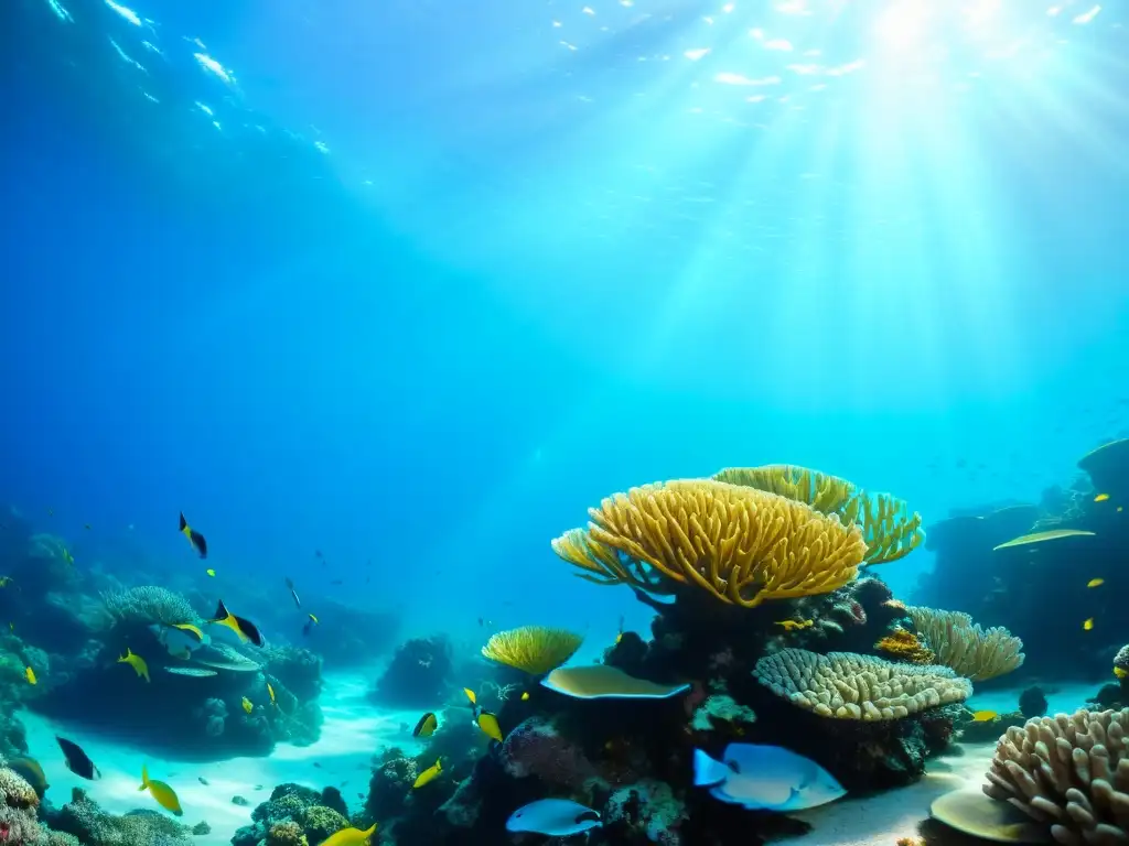 Un mundo submarino vibrante y lleno de vida marina, con peces coloridos, plantas marinas y formaciones de coral