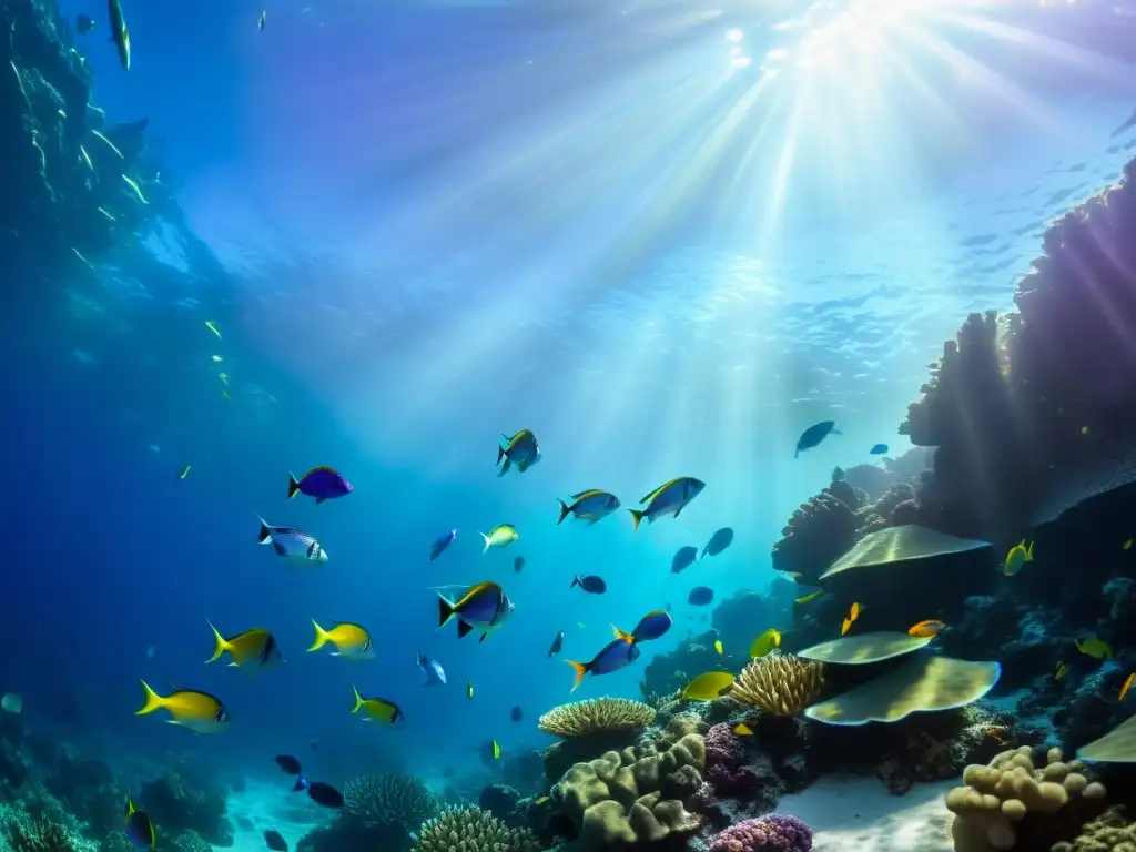 Un mundo submarino vibrante con peces coloridos y arrecifes de coral, bañado por la luz del sol