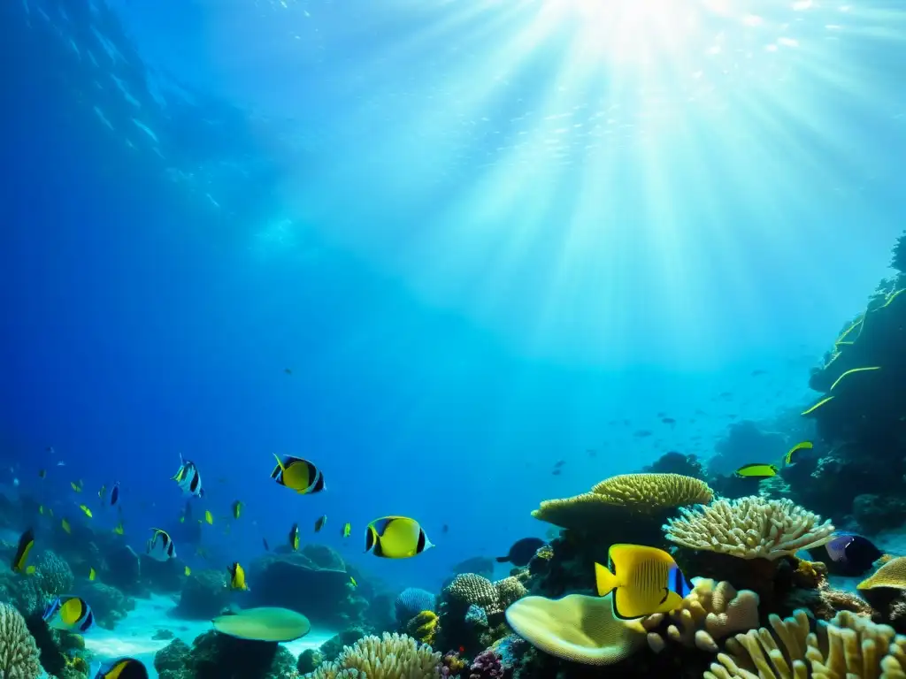 Un mundo submarino vibrante con peces tropicales y corales, iluminado por la luz solar