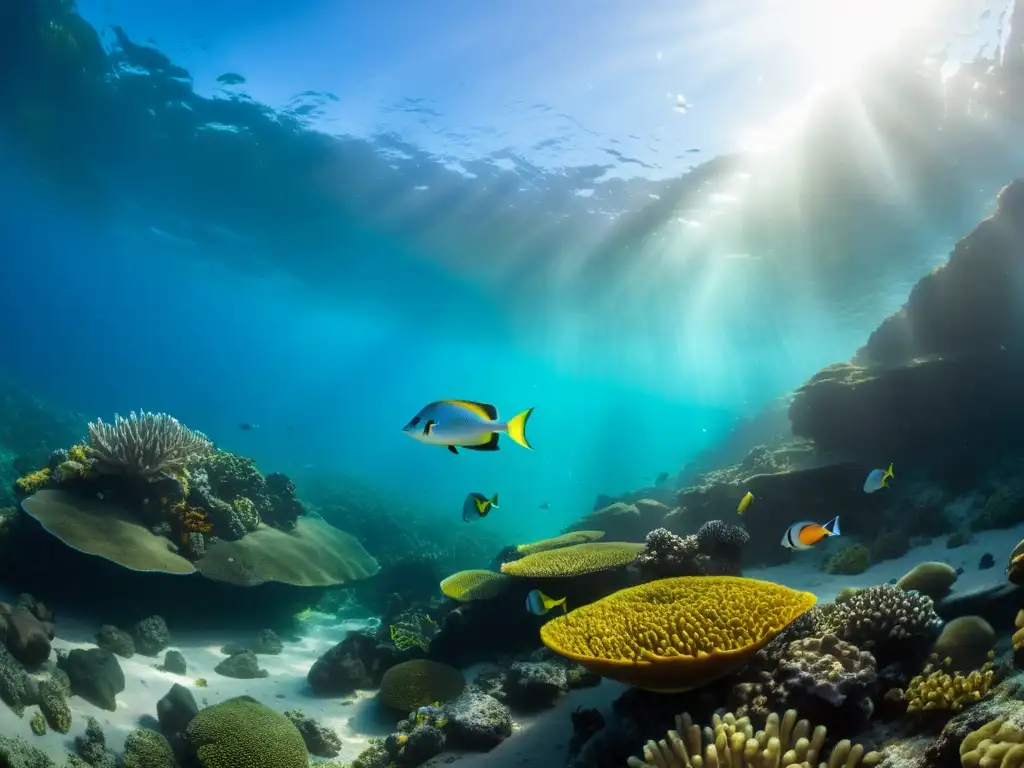 Un mundo submarino vibrante en la Reserva Marina de Galápagos, destacando la diversidad de vida marina