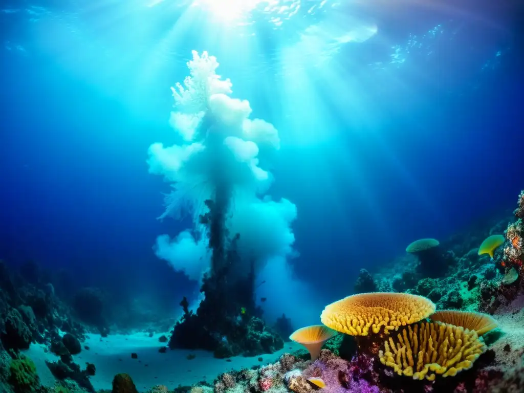 Un mundo submarino vibrante rodea un respiradero hidrotermal, con vida marina diversa y colorida