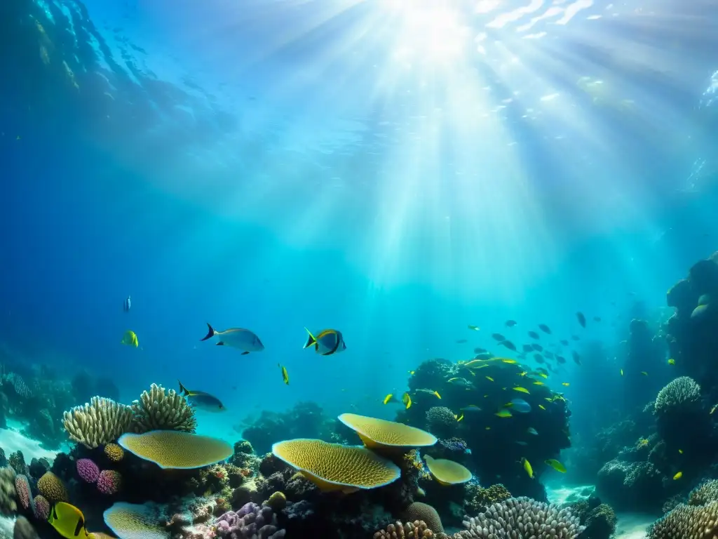 Un mundo submarino vibrante con vida marina y corales coloridos, bañado por la luz del sol