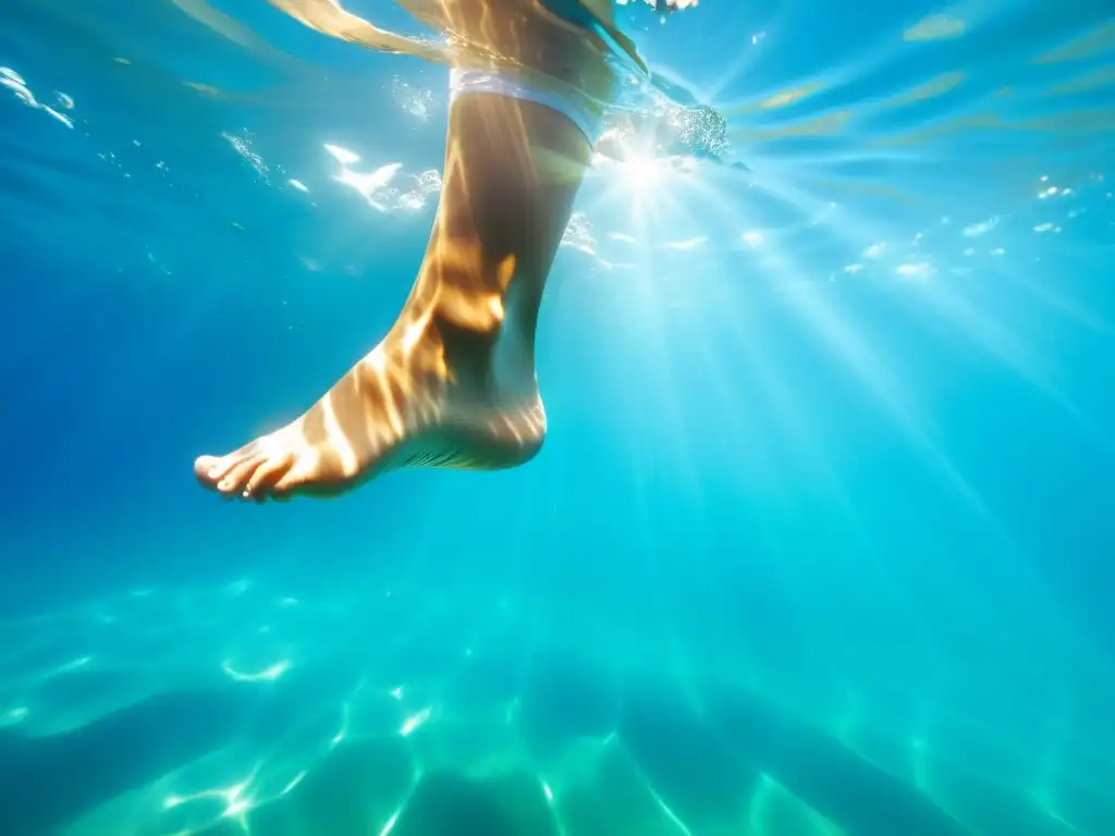 Un nadador perfeccionando su aleteo con eficiencia hidrodinámica en el agua cristalina del océano, capturando la belleza serena de los ejercicios