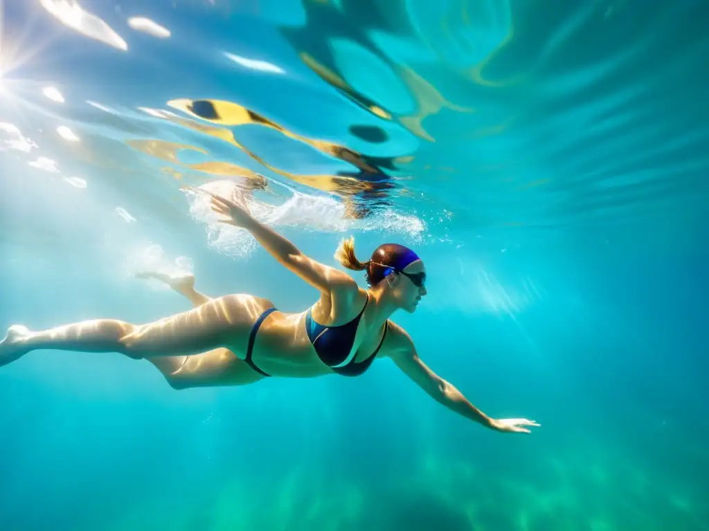 Un nadador perfecciona su aleteo con eficiencia hidrodinámica, deslizándose grácilmente bajo el agua mientras el sol filtra patrones hipnóticos