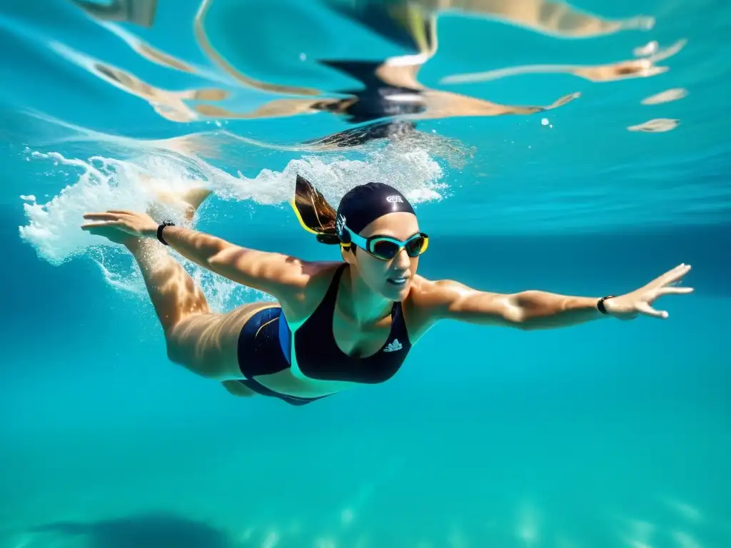 Nadador perfeccionando el aleteo con eficiencia hidrodinámica en aguas turquesas, capturando la gracia y poder de sus movimientos