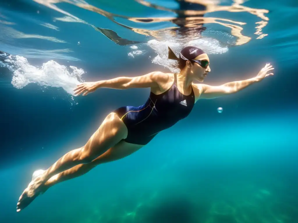 Un nadador realiza ejercicios para perfeccionar su aleteo y eficiencia hidrodinámica, con una posición aerodinámica perfecta y una técnica impecable