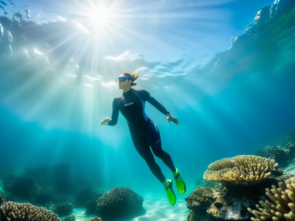 Un nadador en traje de neopreno y gafas de natación surca el agua cristalina del océano, mostrando preparación física para corrientes oceánicas