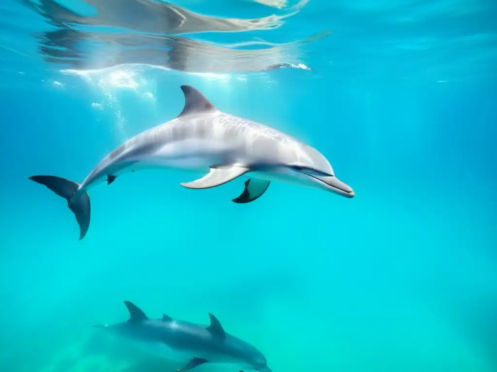 Nado con delfines sin impacto: pod de delfines plateados nadando grácilmente en aguas turquesa cristalinas, iluminados por el sol