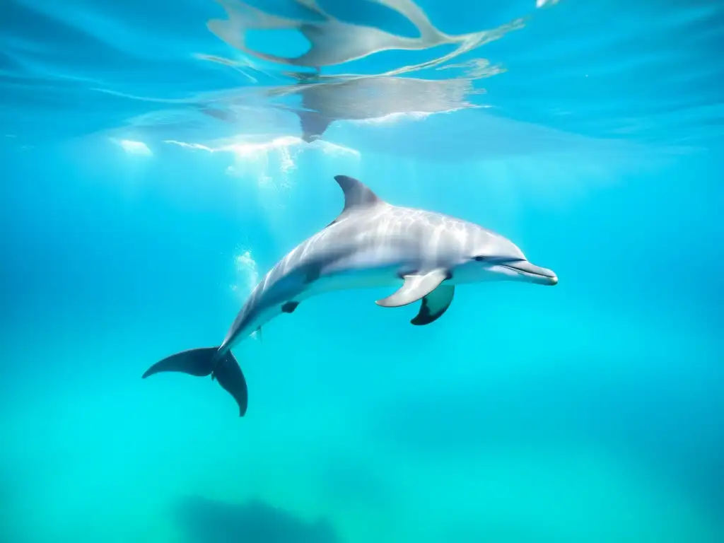 Nado con delfines sin impacto: Pod de delfines salvajes nadando graciosamente en aguas turquesas, iluminados por el sol