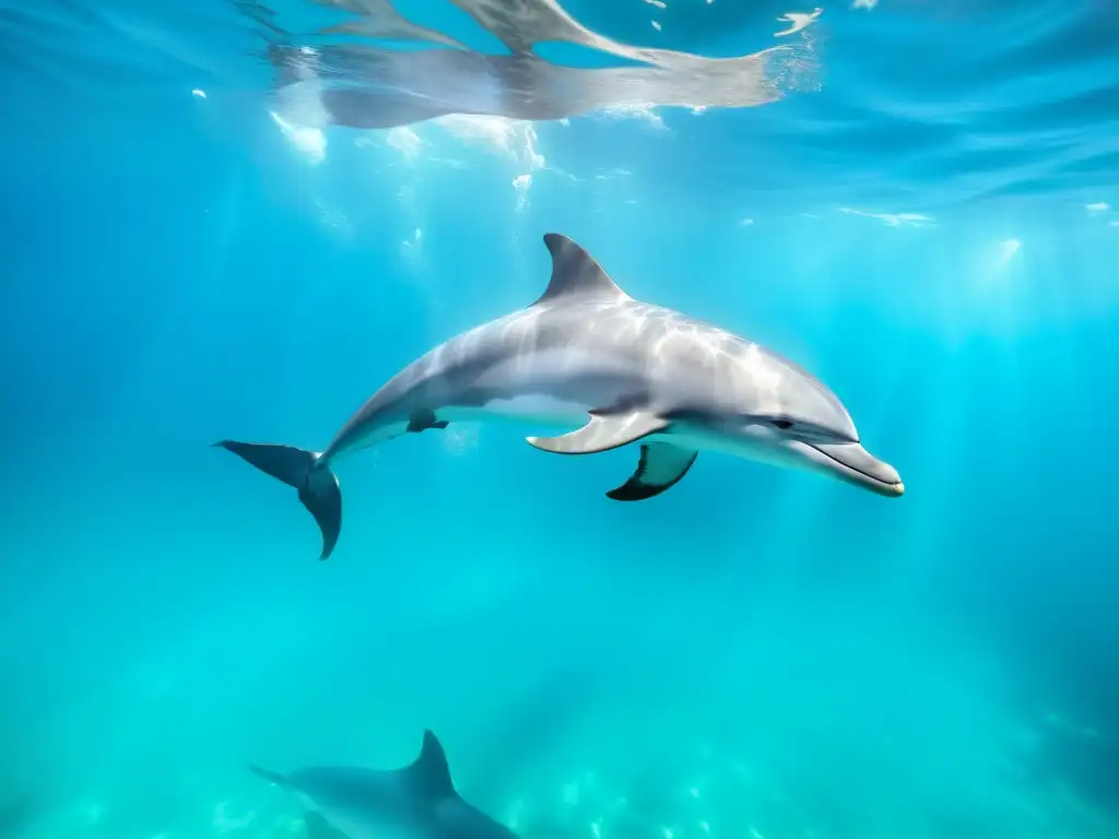 Nado con delfines sin impacto: Pod de delfines nadando grácilmente en aguas cristalinas bajo la luz del sol, creando una escena tranquila y asombrosa