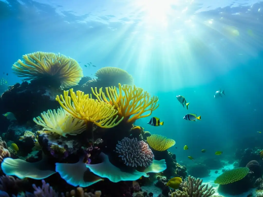 Narrativa visual videografía submarina: un arrecife de coral vibrante repleto de vida marina, con peces coloridos y plantas marinas ondulantes